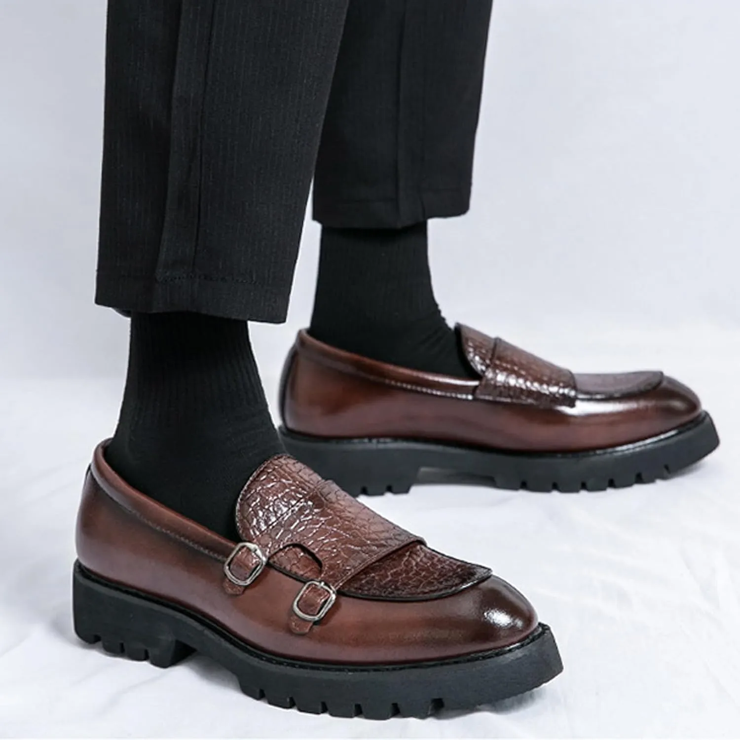 Men's Double Monk Strap Lug Sole Slip On Loafers Fashion Classic Platform Chunky Business Dress Leather Shoes for Formal/Party/Work