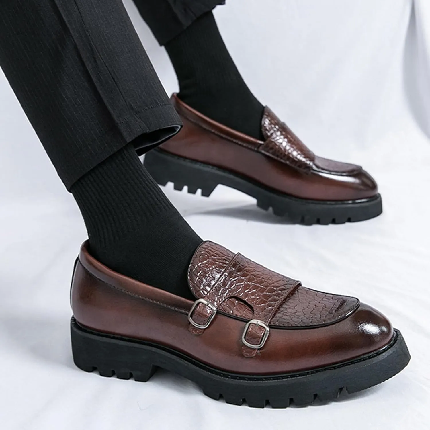 Men's Double Monk Strap Lug Sole Slip On Loafers Fashion Classic Platform Chunky Business Dress Leather Shoes for Formal/Party/Work