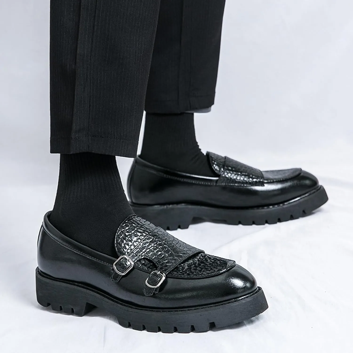Men's Double Monk Strap Lug Sole Slip On Loafers Fashion Classic Platform Chunky Business Dress Leather Shoes for Formal/Party/Work