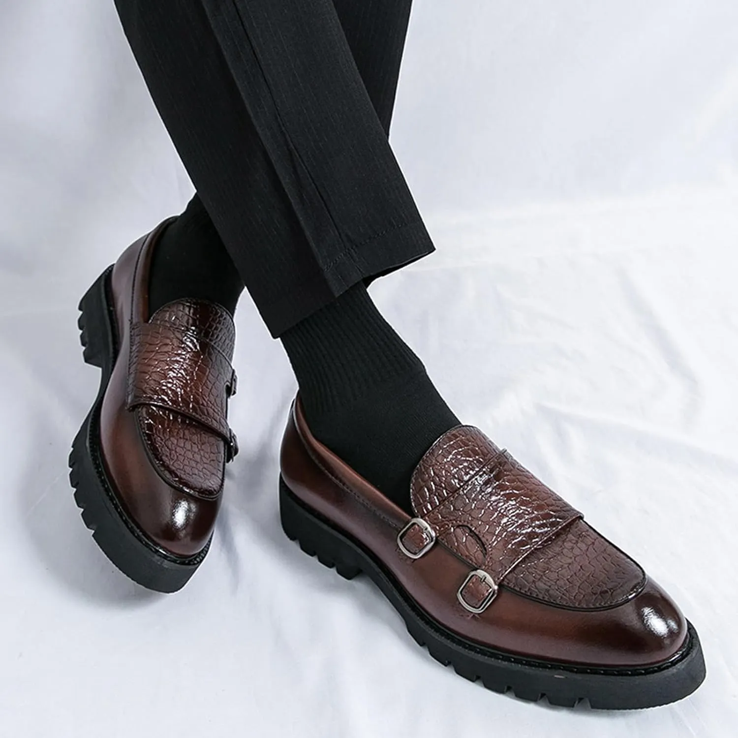 Men's Double Monk Strap Lug Sole Slip On Loafers Fashion Classic Platform Chunky Business Dress Leather Shoes for Formal/Party/Work