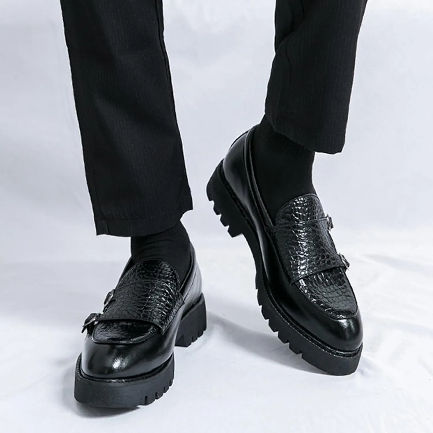 Men's Double Monk Strap Lug Sole Slip On Loafers Fashion Classic Platform Chunky Business Dress Leather Shoes for Formal/Party/Work