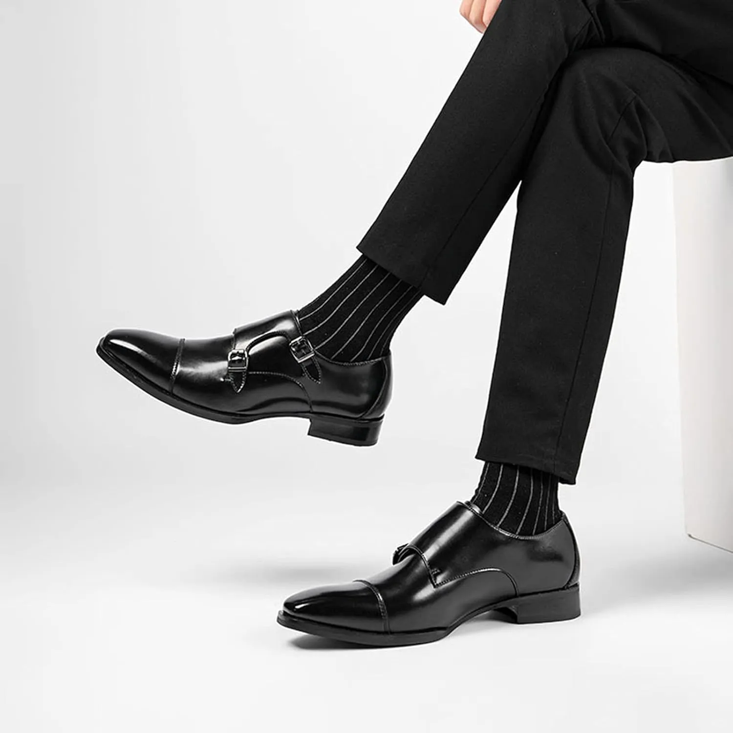 Men's Dress Loafer Shoes Double Monk Strap Wingtip Formal Shoes Slip-On Loafers Oxford Business Casual Comfortable Shoe Black-US6-6.5/UK5-5.5/EU38