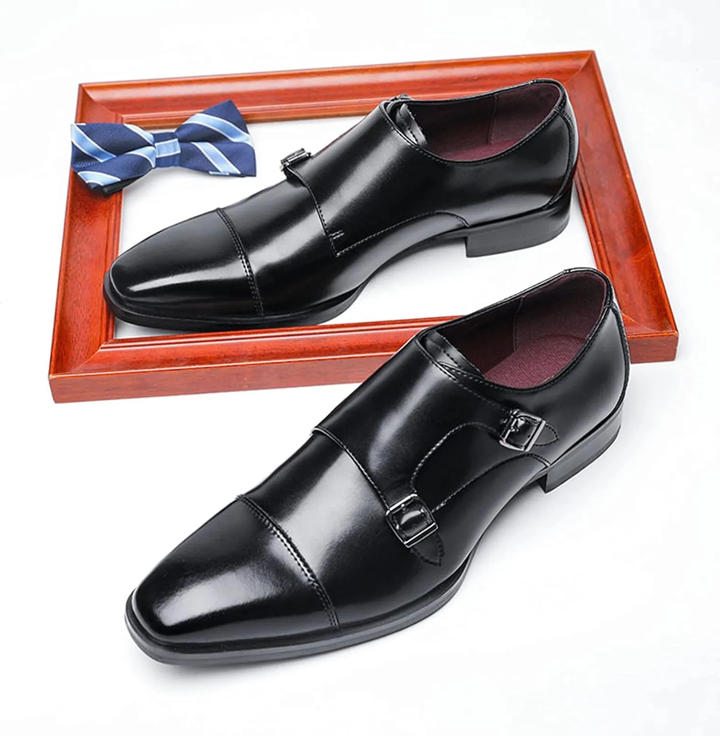 Men's Dress Loafer Shoes Double Monk Strap Wingtip Formal Shoes Slip-On Loafers Oxford Business Casual Comfortable Shoe Black-US6-6.5/UK5-5.5/EU38