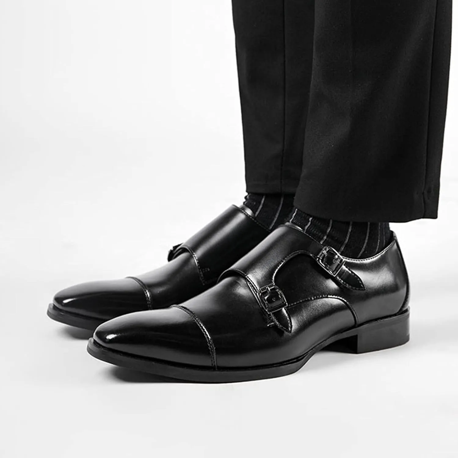Men's Dress Loafer Shoes Double Monk Strap Wingtip Formal Shoes Slip-On Loafers Oxford Business Casual Comfortable Shoe Black-US6-6.5/UK5-5.5/EU38