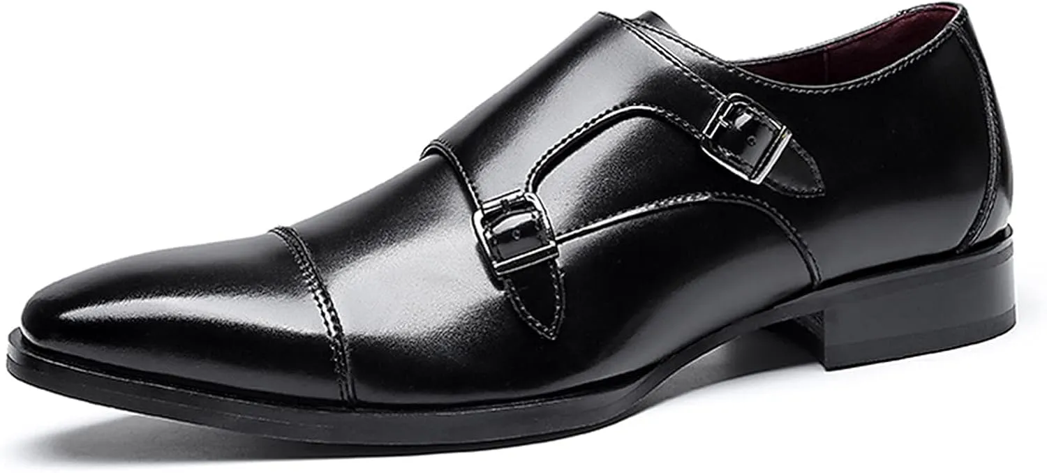 Men's Dress Loafer Shoes Double Monk Strap Wingtip Formal Shoes Slip-On Loafers Oxford Business Casual Comfortable Shoe Black-US6-6.5/UK5-5.5/EU38