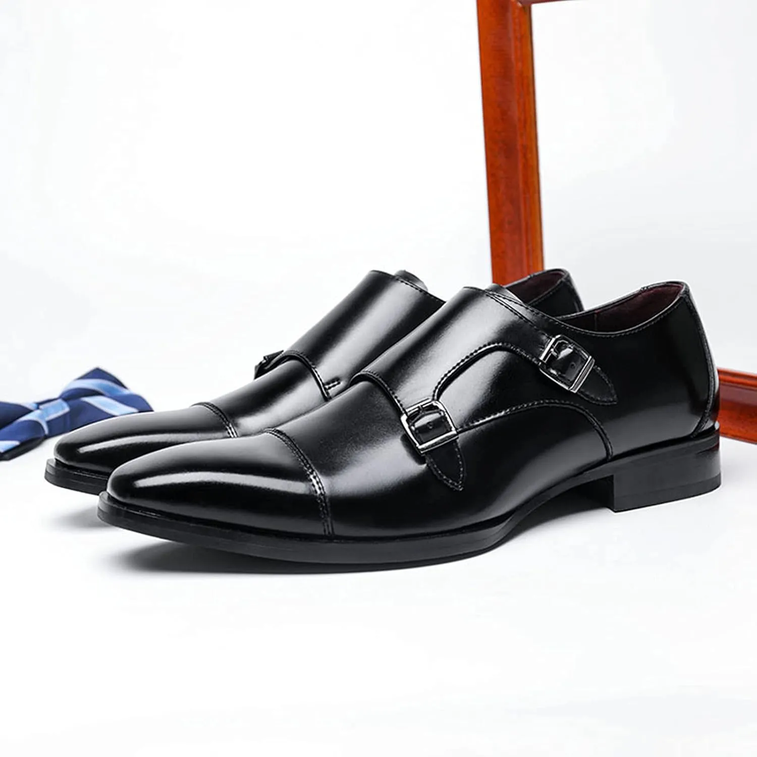 Men's Dress Loafer Shoes Double Monk Strap Wingtip Formal Shoes Slip-On Loafers Oxford Business Casual Comfortable Shoe Black-US6-6.5/UK5-5.5/EU38