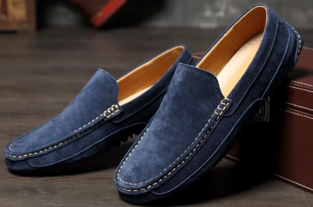 Men's Handmade Suede Slip-On Loafers Fashionable Round Wide Toe Non-Slip Casual Formal Boat Shoes Work Driving Casual Penny Loafers for Men