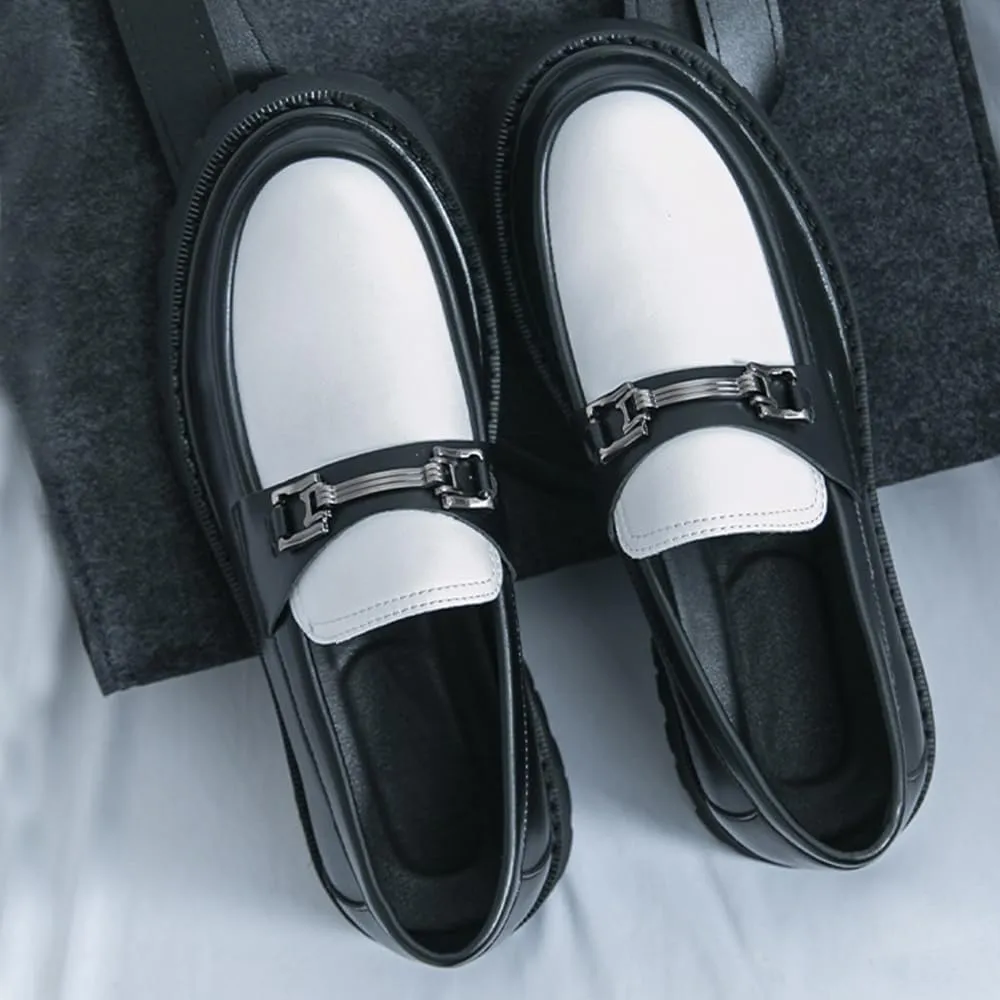Men's Patent Leather Platform Penny Loafers Fashion Metal Decoration Non-Slip Lug Sole Business Dress Shoes Comfort Slip-on Round Toe Casual Work Shoes