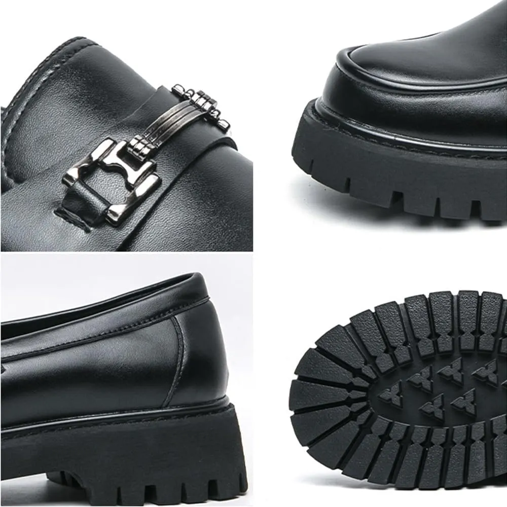Men's Patent Leather Platform Penny Loafers Fashion Metal Decoration Non-Slip Lug Sole Business Dress Shoes Comfort Slip-on Round Toe Casual Work Shoes