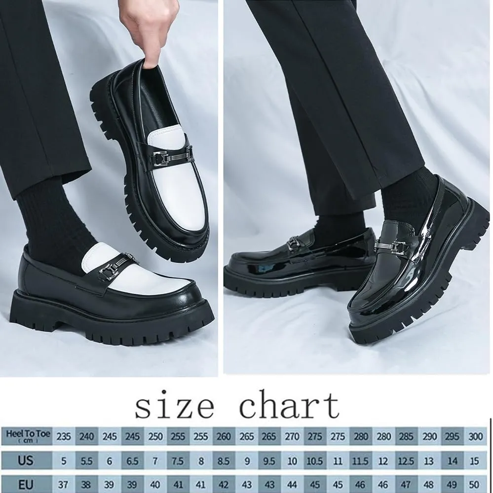 Men's Patent Leather Platform Penny Loafers Fashion Metal Decoration Non-Slip Lug Sole Business Dress Shoes Comfort Slip-on Round Toe Casual Work Shoes