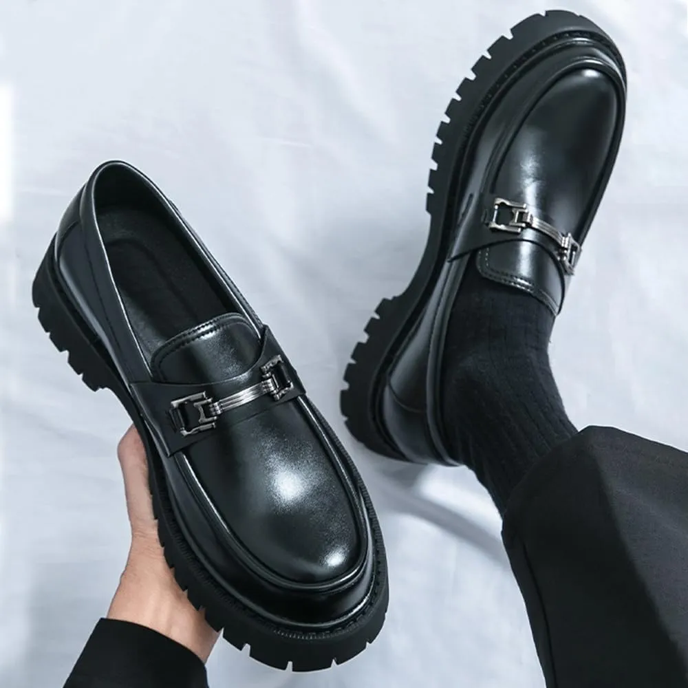 Men's Patent Leather Platform Penny Loafers Fashion Metal Decoration Non-Slip Lug Sole Business Dress Shoes Comfort Slip-on Round Toe Casual Work Shoes