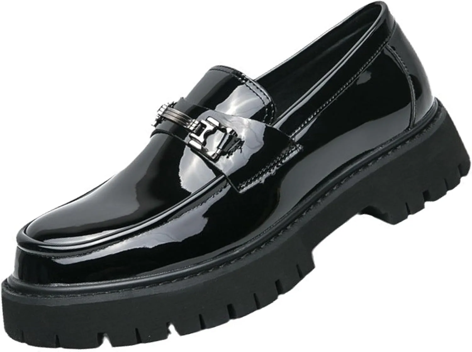 Men's Patent Leather Platform Penny Loafers Fashion Metal Decoration Non-Slip Lug Sole Business Dress Shoes Comfort Slip-on Round Toe Casual Work Shoes