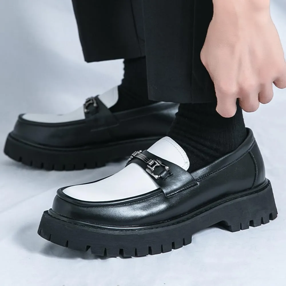Men's Patent Leather Platform Penny Loafers Fashion Metal Decoration Non-Slip Lug Sole Business Dress Shoes Comfort Slip-on Round Toe Casual Work Shoes