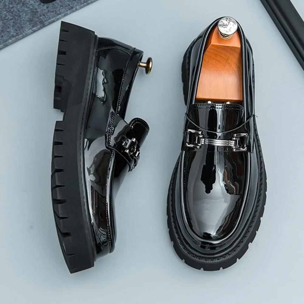 Men's Patent Leather Platform Penny Loafers Fashion Metal Decoration Non-Slip Lug Sole Business Dress Shoes Comfort Slip-on Round Toe Casual Work Shoes