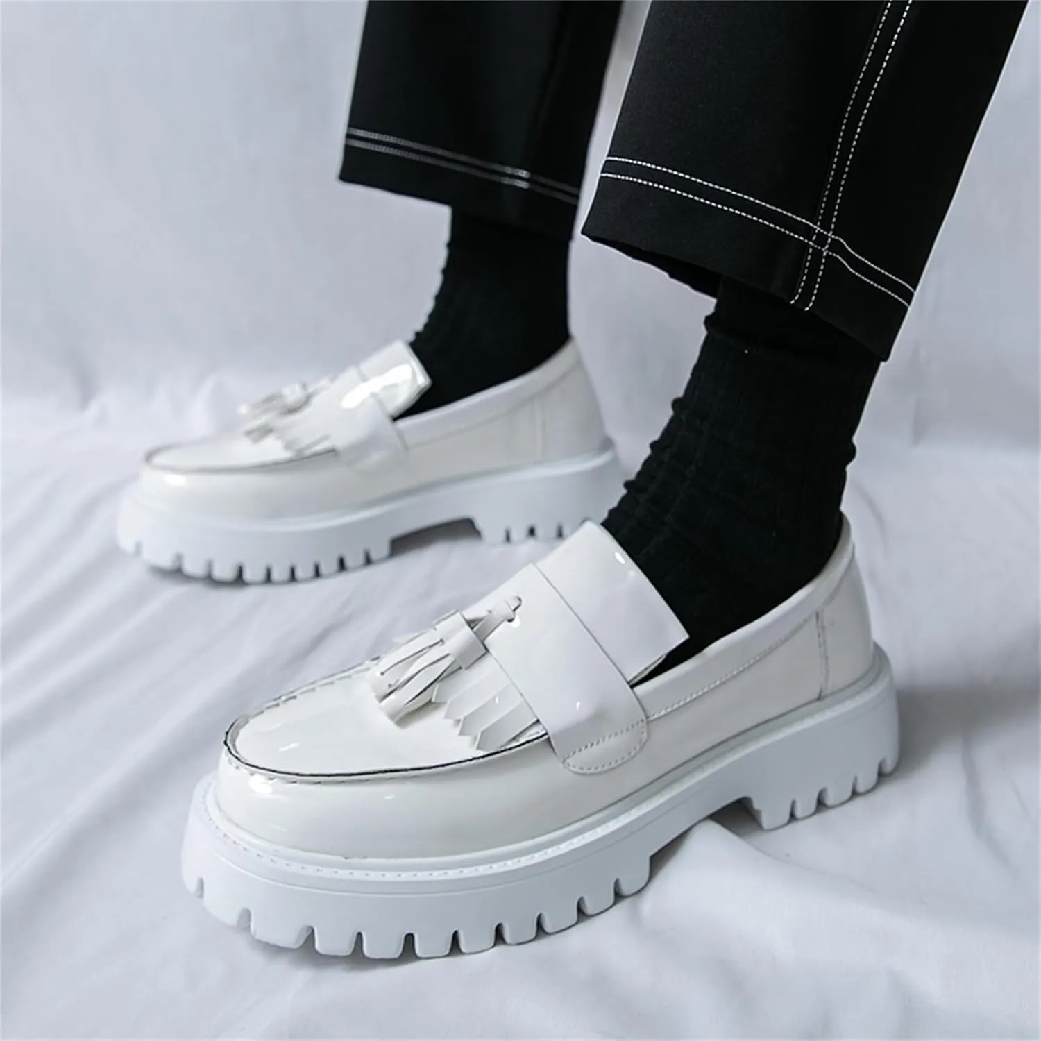 Mens Patent Leather Slip-On Tassel Dress Platform Loafers Casual Lightweight Penny Formal Business Party Wedding Prom Round Toe Moccasins Shoes
