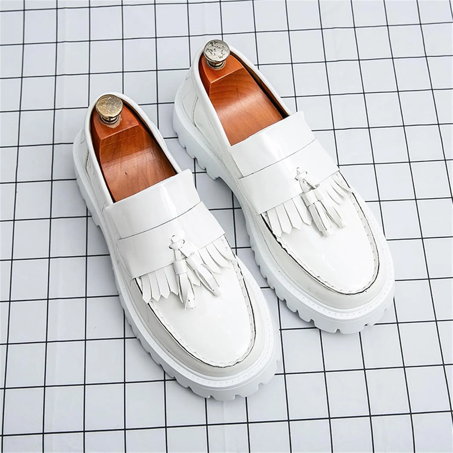 Mens Patent Leather Slip-On Tassel Dress Platform Loafers Casual Lightweight Penny Formal Business Party Wedding Prom Round Toe Moccasins Shoes