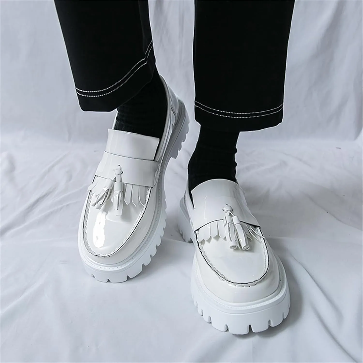 Mens Patent Leather Slip-On Tassel Dress Platform Loafers Casual Lightweight Penny Formal Business Party Wedding Prom Round Toe Moccasins Shoes