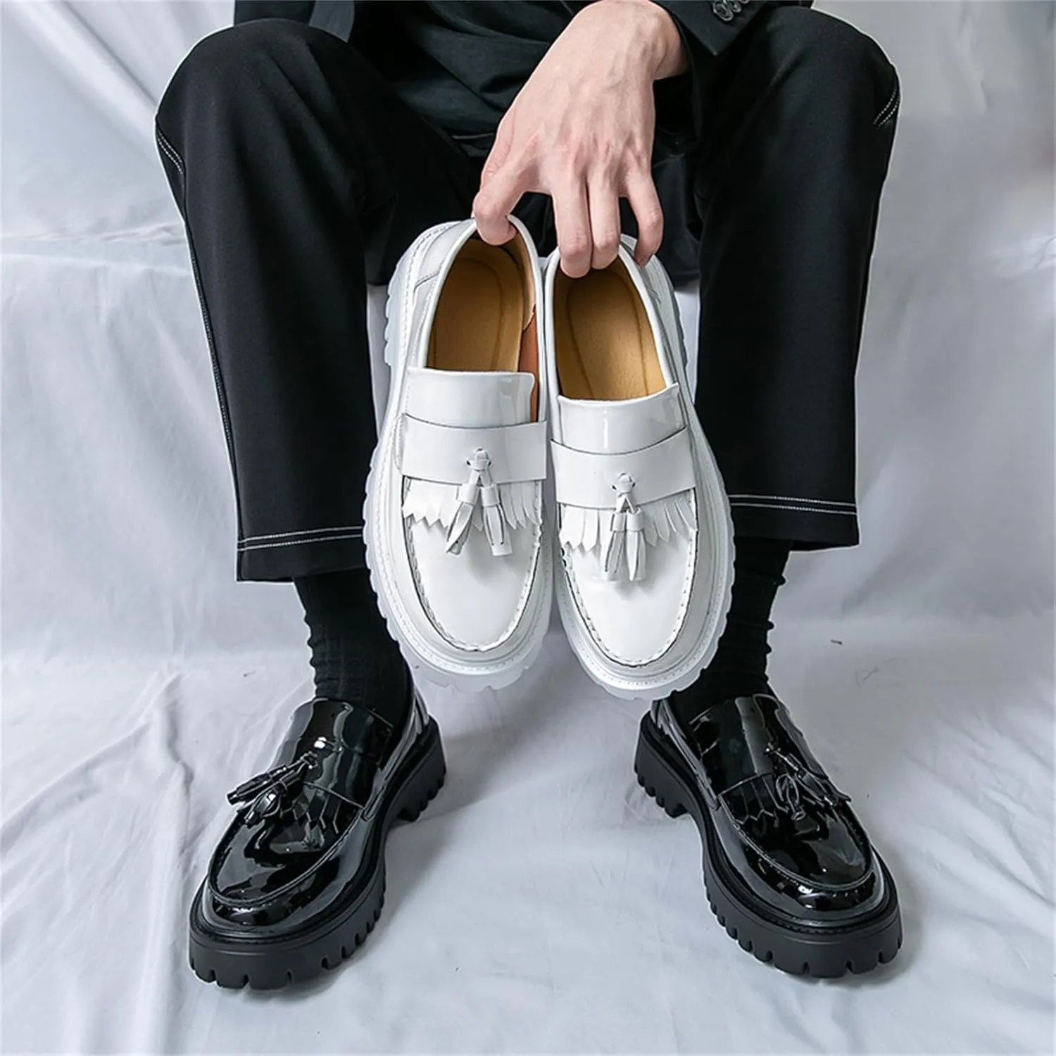 Mens Patent Leather Slip-On Tassel Dress Platform Loafers Casual Lightweight Penny Formal Business Party Wedding Prom Round Toe Moccasins Shoes