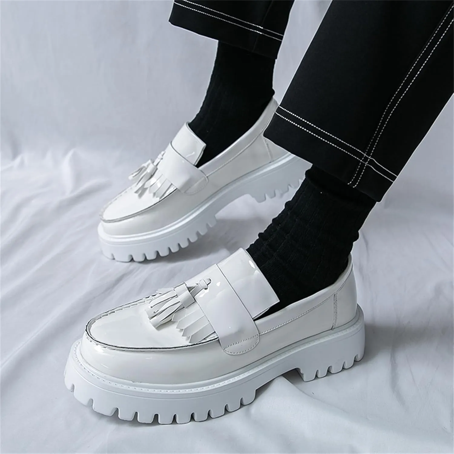 Mens Patent Leather Slip-On Tassel Dress Platform Loafers Casual Lightweight Penny Formal Business Party Wedding Prom Round Toe Moccasins Shoes