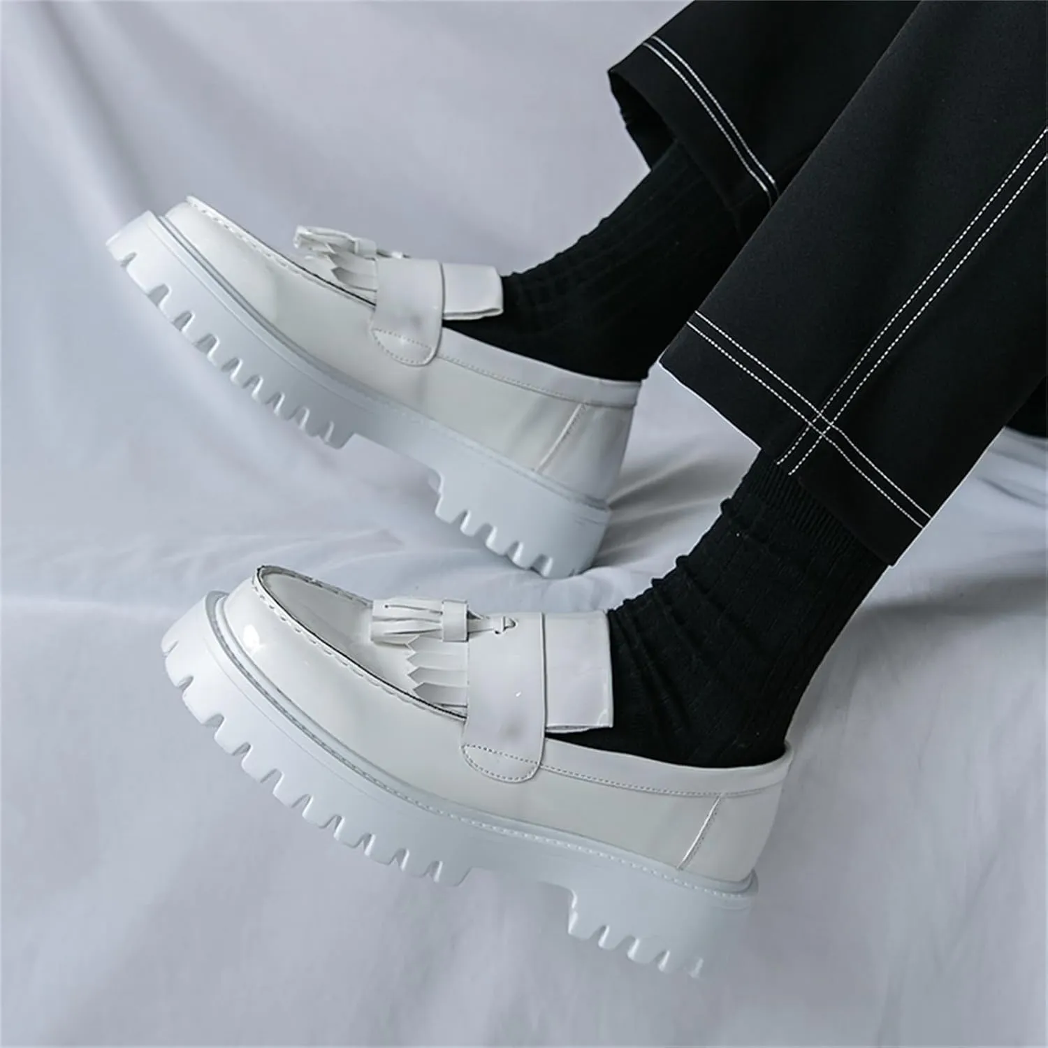 Mens Patent Leather Slip-On Tassel Dress Platform Loafers Casual Lightweight Penny Formal Business Party Wedding Prom Round Toe Moccasins Shoes