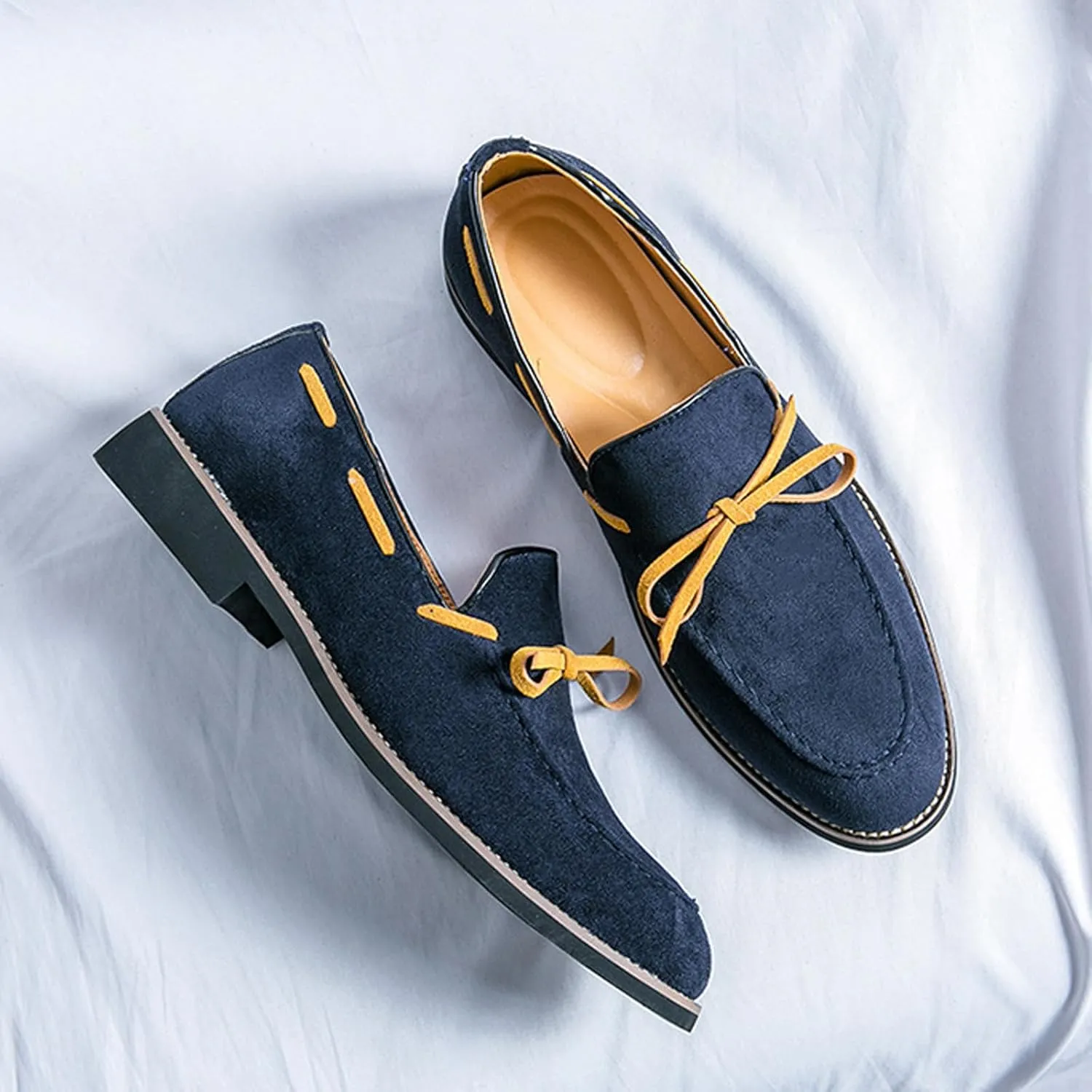 Men's Suede Bow Low Block Heel Business Dress Loafers Classic Comfortable Tassels Slip On Casual Chunky Heel Loafers for Driving Party Work