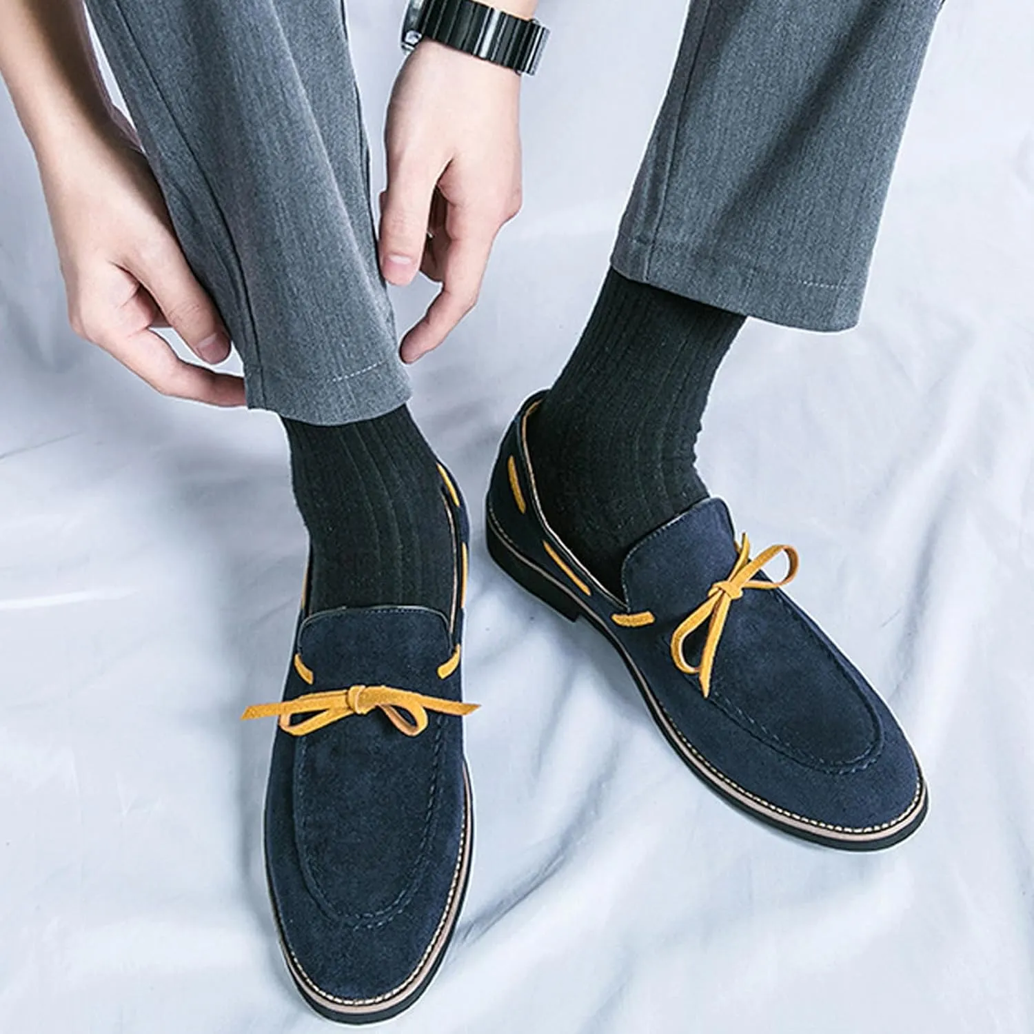 Men's Suede Bow Low Block Heel Business Dress Loafers Classic Comfortable Tassels Slip On Casual Chunky Heel Loafers for Driving Party Work