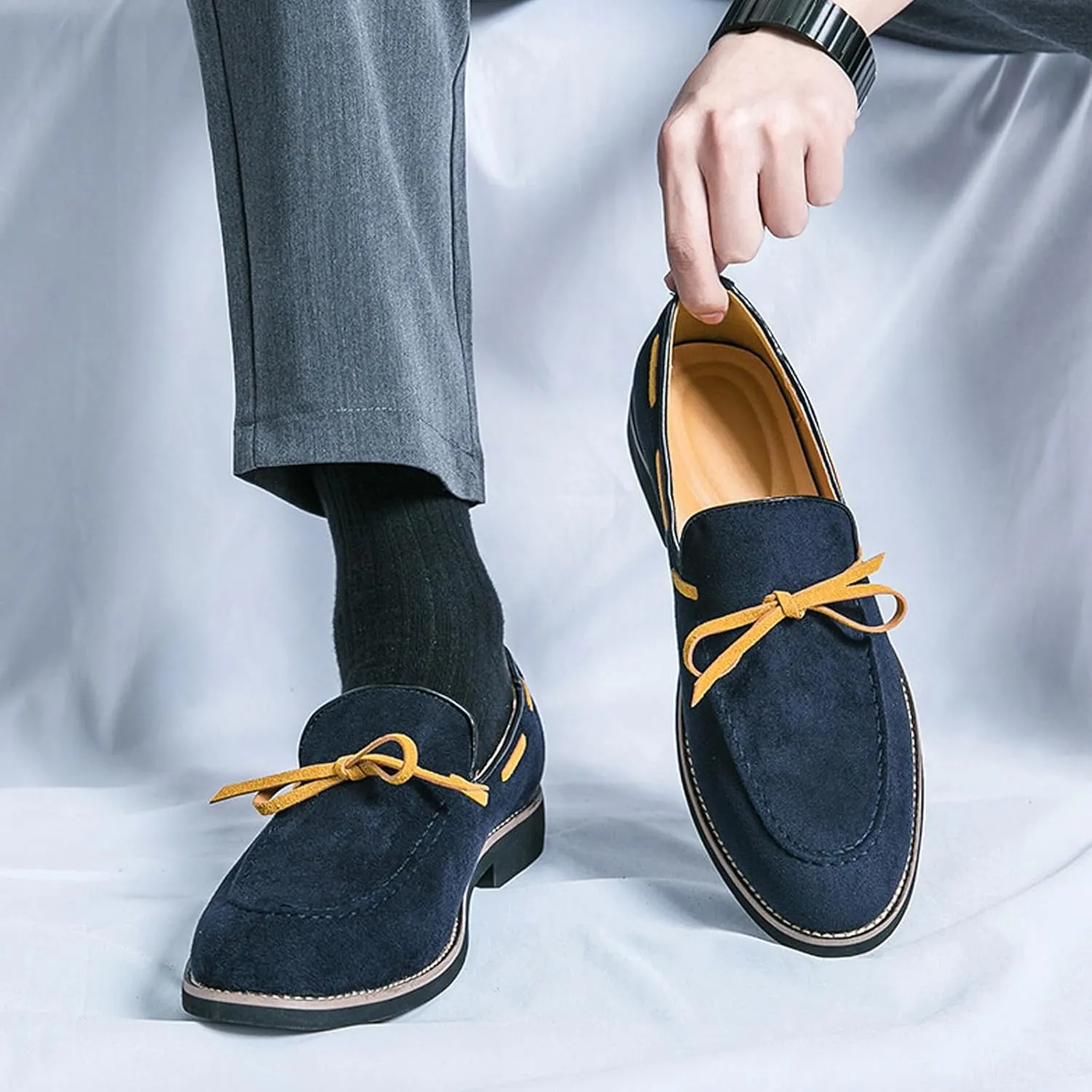 Men's Suede Bow Low Block Heel Business Dress Loafers Classic Comfortable Tassels Slip On Casual Chunky Heel Loafers for Driving Party Work