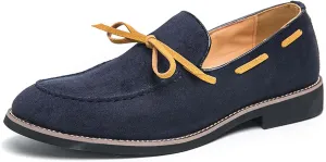 Men's Suede Bow Low Block Heel Business Dress Loafers Classic Comfortable Tassels Slip On Casual Chunky Heel Loafers for Driving Party Work