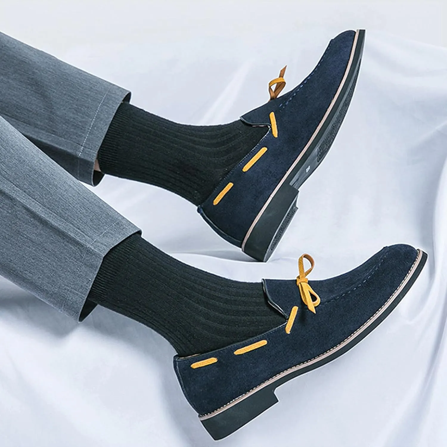 Men's Suede Bow Low Block Heel Business Dress Loafers Classic Comfortable Tassels Slip On Casual Chunky Heel Loafers for Driving Party Work