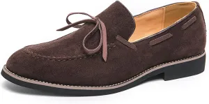 Men's Suede Bow Low Block Heel Business Dress Loafers Classic Comfortable Tassels Slip On Casual Chunky Heel Loafers for Driving Party Work