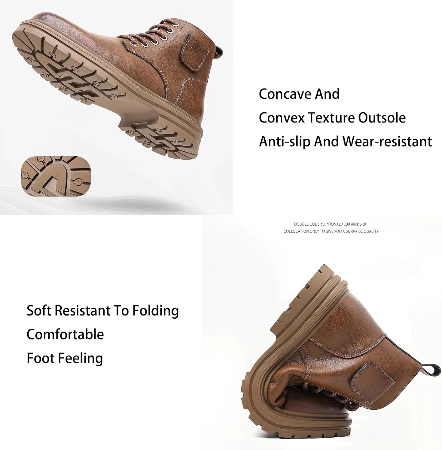 Men's Vintage Leather Lace-up Ankle Boots with Side Zip Fashionable Round Toe Plus Fleece Combat Boots Casual Non-slip Outdoor Hiking Motorcycle Boots