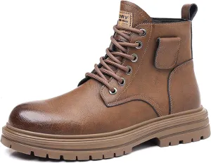 Men's Vintage Leather Lace-up Ankle Boots with Side Zip Fashionable Round Toe Plus Fleece Combat Boots Casual Non-slip Outdoor Hiking Motorcycle Boots