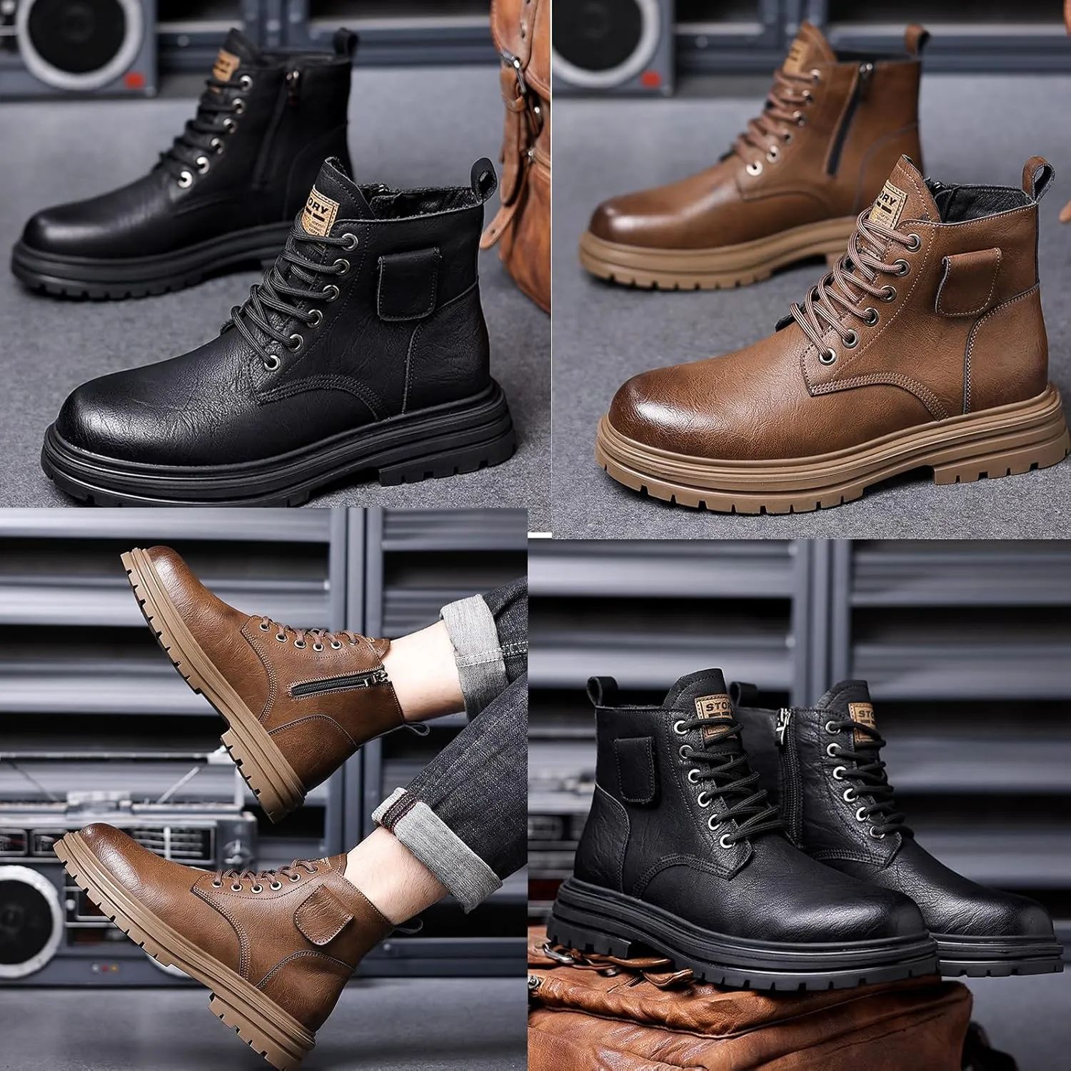 Men's Vintage Leather Lace-up Ankle Boots with Side Zip Fashionable Round Toe Plus Fleece Combat Boots Casual Non-slip Outdoor Hiking Motorcycle Boots