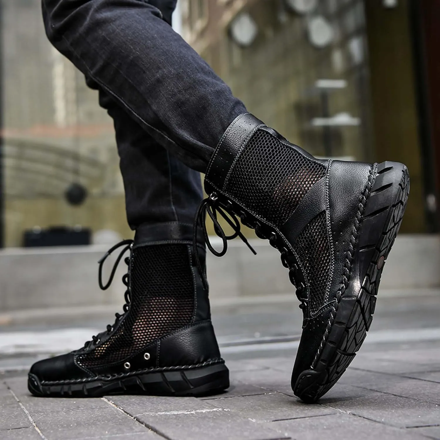 Men's Women's Motorcycle Boots Mesh Breathable Hiking High Top Lace Up Casual Outdoor Work Climbing Camping Adventure Backpacking Boots, Large Size