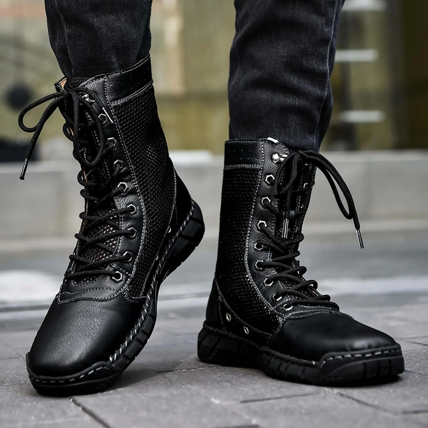 Men's Women's Motorcycle Boots Mesh Breathable Hiking High Top Lace Up Casual Outdoor Work Climbing Camping Adventure Backpacking Boots, Large Size