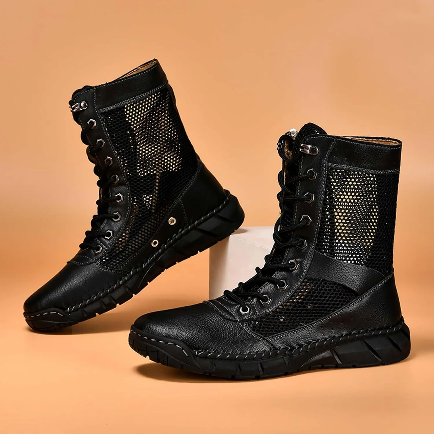Men's Women's Motorcycle Boots Mesh Breathable Hiking High Top Lace Up Casual Outdoor Work Climbing Camping Adventure Backpacking Boots, Large Size
