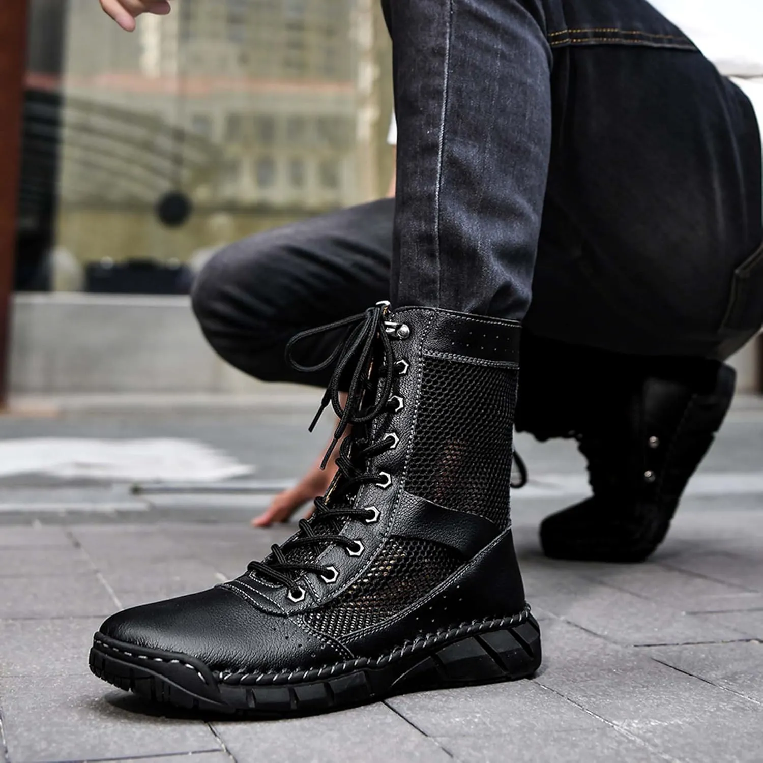 Men's Women's Motorcycle Boots Mesh Breathable Hiking High Top Lace Up Casual Outdoor Work Climbing Camping Adventure Backpacking Boots, Large Size