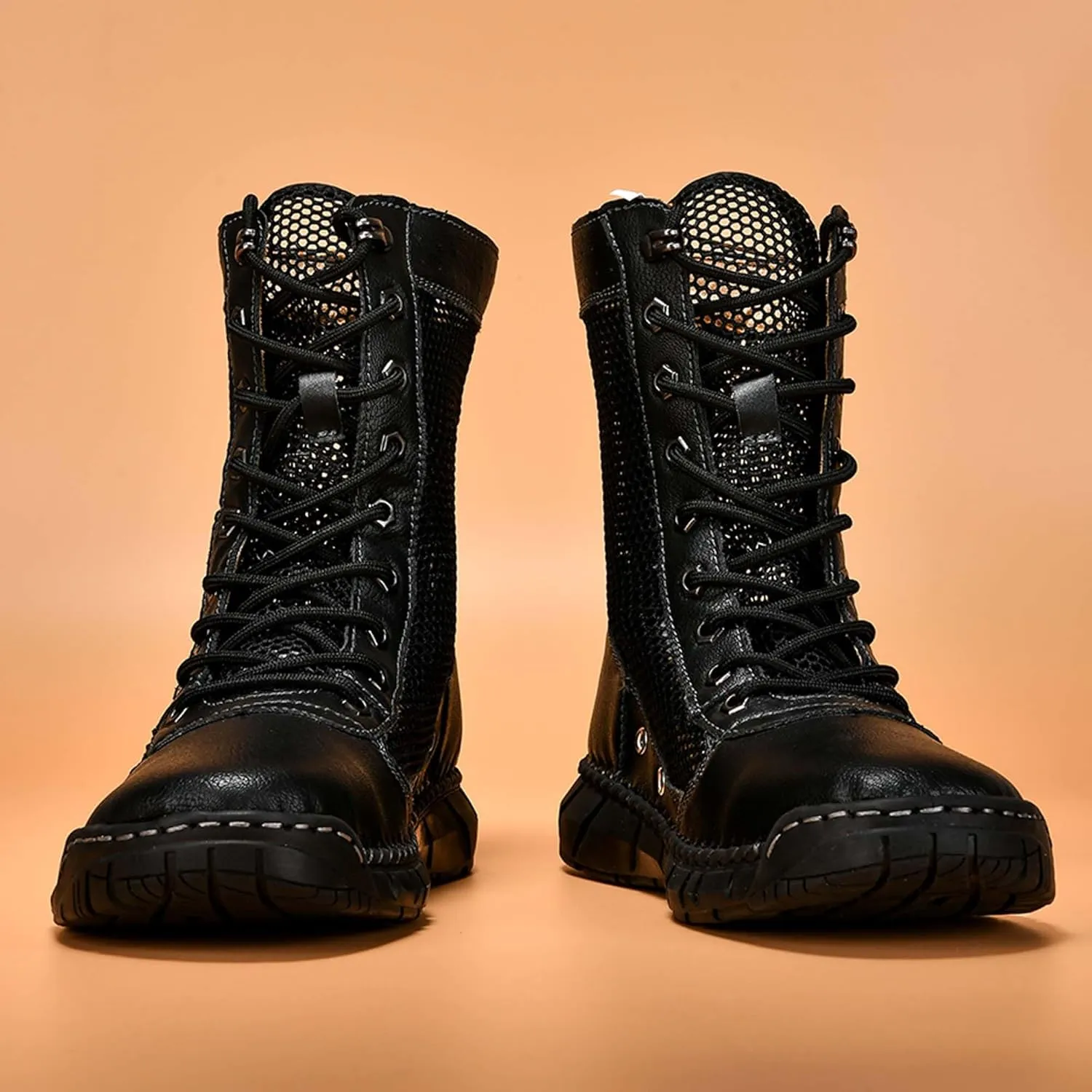 Men's Women's Motorcycle Boots Mesh Breathable Hiking High Top Lace Up Casual Outdoor Work Climbing Camping Adventure Backpacking Boots, Large Size