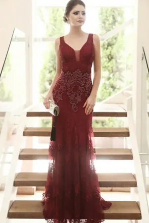 Mermaid Deep V-Neck Sweep Train Dark Red Tulle Prom Dress with Appliques LR202