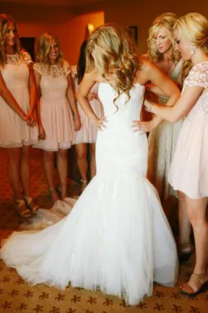 Mermaid Sweetheart Court Train Ivory Tulle Wedding Dress with Appliques AHC597