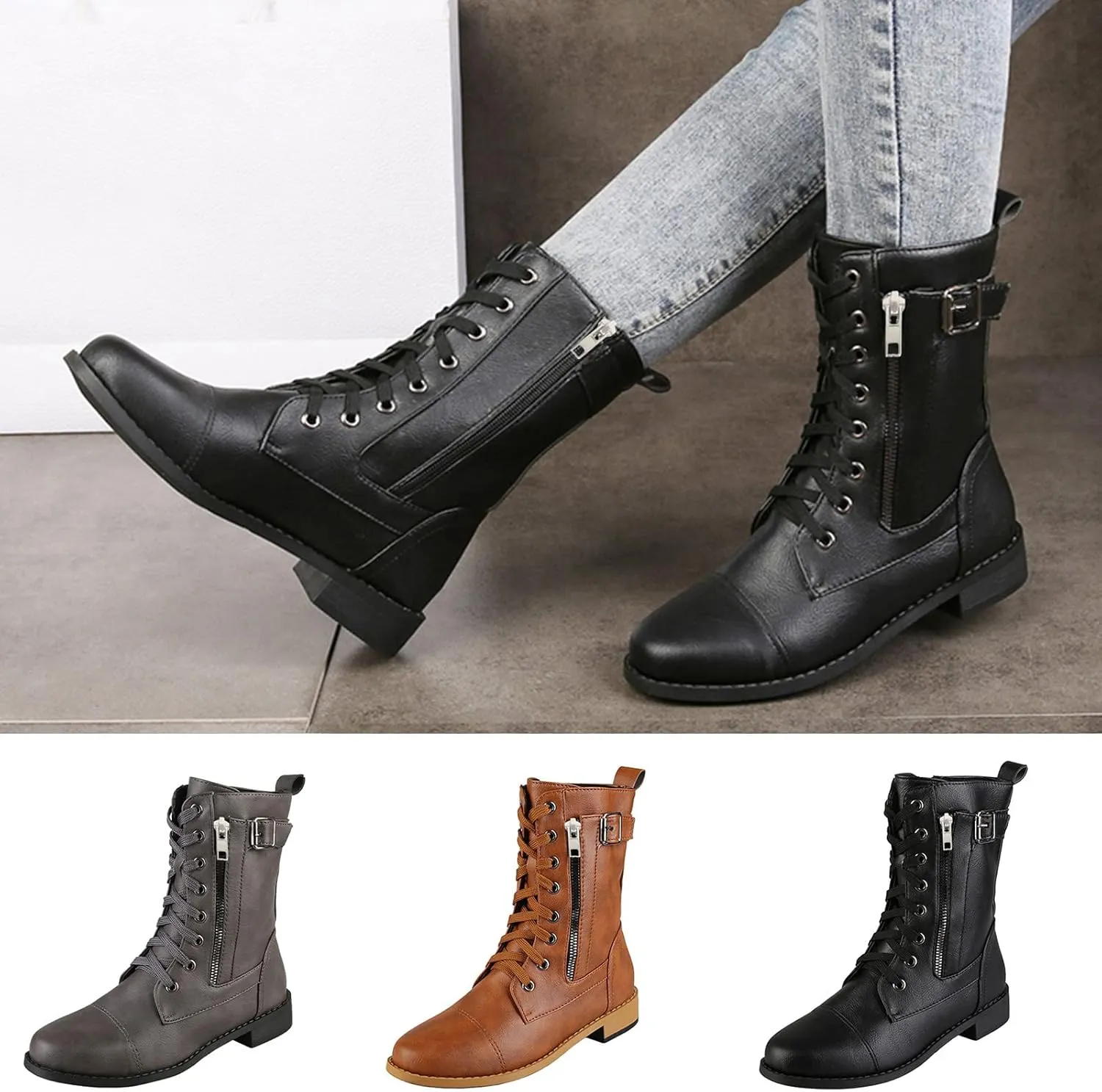 Mid Calf Side Zipper Boots for Women Leather Lace upFashion Boots Mid Calf Chunky Heels Lace up Side Zipper Fashion