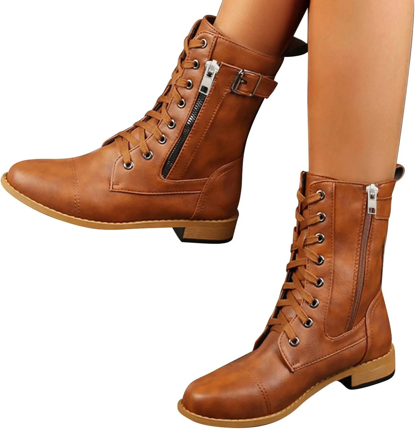 Mid Calf Side Zipper Boots for Women Leather Lace upFashion Boots Mid Calf Chunky Heels Lace up Side Zipper Fashion