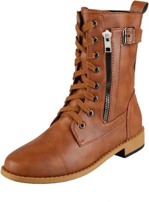 Mid Calf Side Zipper Boots for Women Leather Lace upFashion Boots Mid Calf Chunky Heels Lace up Side Zipper Fashion