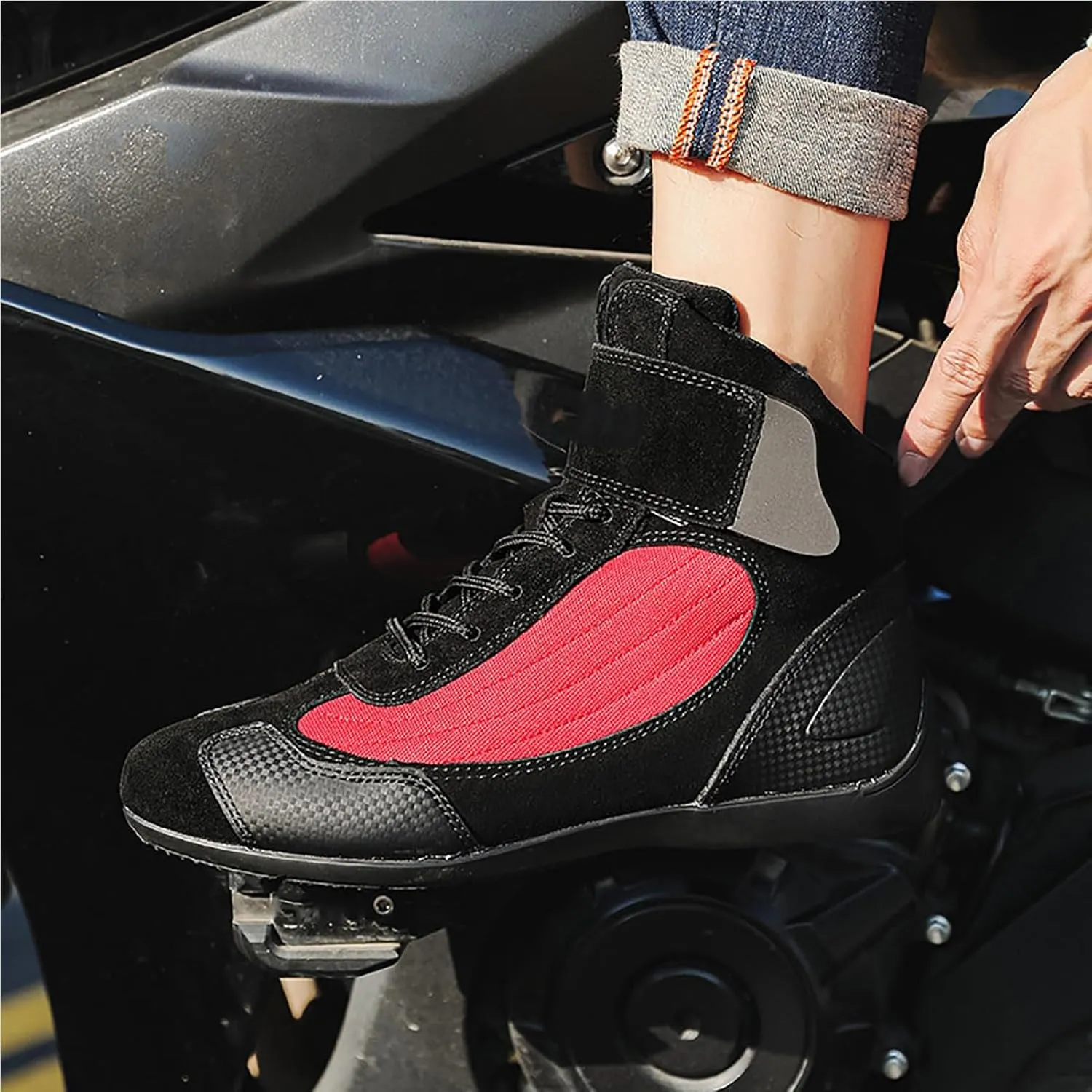 Motorcycle Boots Knight Shoes - Motorcycle Riding Shoes(38-46) with Non-Slip Rubber Bottom, Breathable/Waterproof, Easy Put on Take Off, for Outdoor Cycling Hiking,42,Black