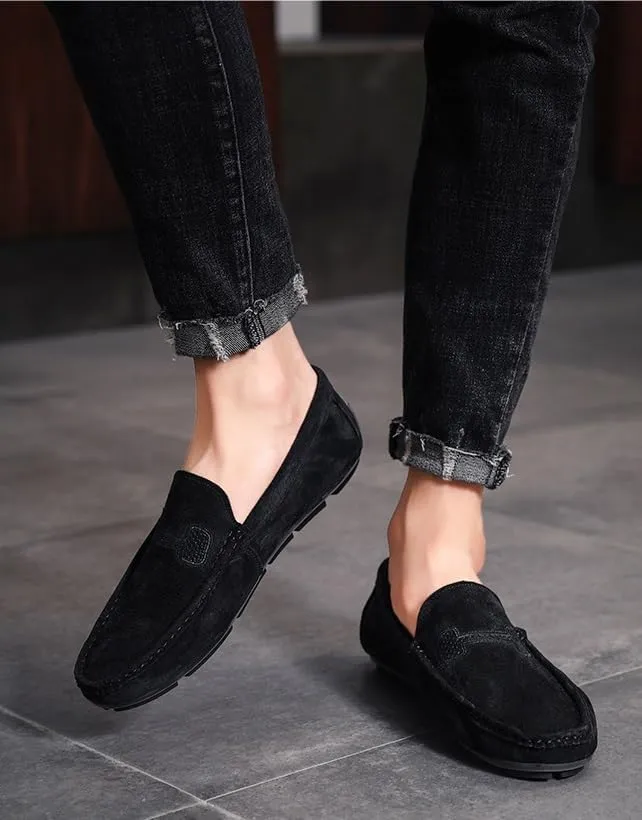New Men's Loafers Round Toe Suede Vamp Driving Loafers Slip Resistant Comfortable Flat Heel Fashion Slip-on