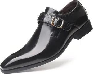 Retro Oxford for Men PU Leather Slip On Style Buckle Monk Strap Pointed Toe Dress Shoes Block Heel Solid Color Formal Men