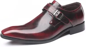 Retro Oxford for Men PU Leather Slip On Style Buckle Monk Strap Pointed Toe Dress Shoes Block Heel Solid Color Formal Men