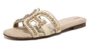 Sam Edelman Bay Fleur Bleached Wheat Leather Embellished Leather Strap Sandals