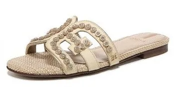 Sam Edelman Bay Fleur Bleached Wheat Leather Embellished Leather Strap Sandals