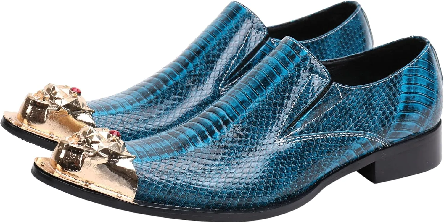 Santimon Mens Loafers Pointed Patent Leather Fashion Metal Tip Western Dress Shoes